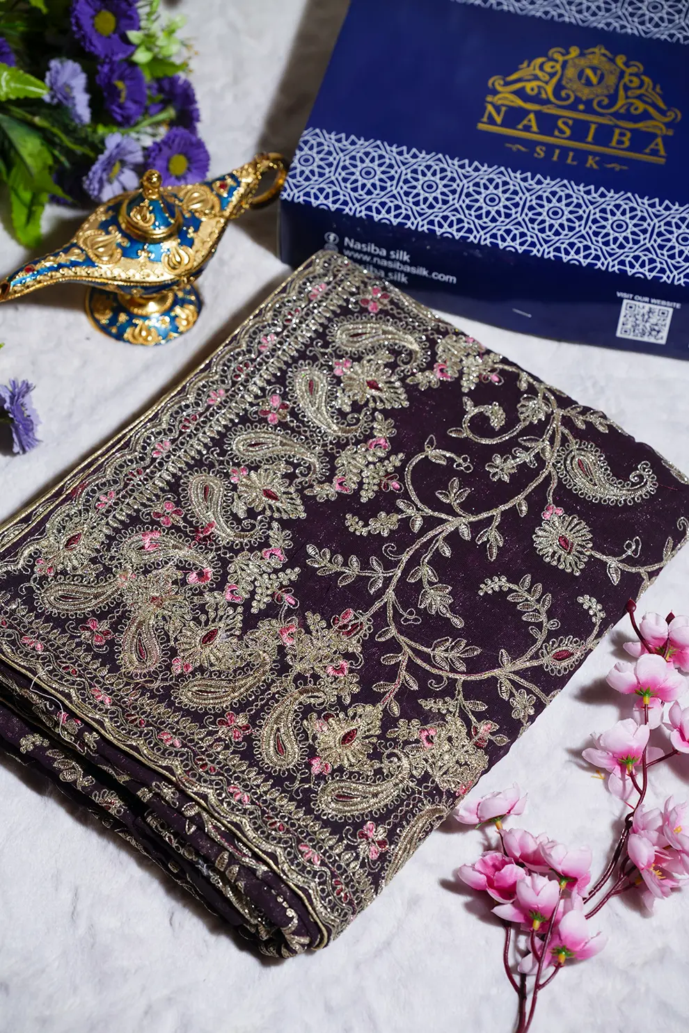 Wine Soft Seemari Organza Georgette Saree – Glitter Jari Embroidery Work